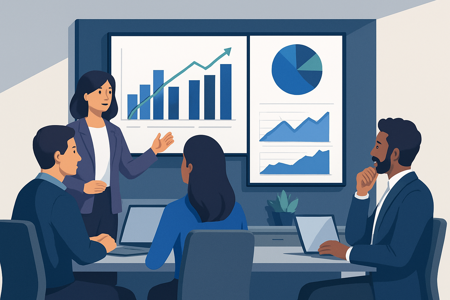 Team reviewing performance dashboards in a meeting